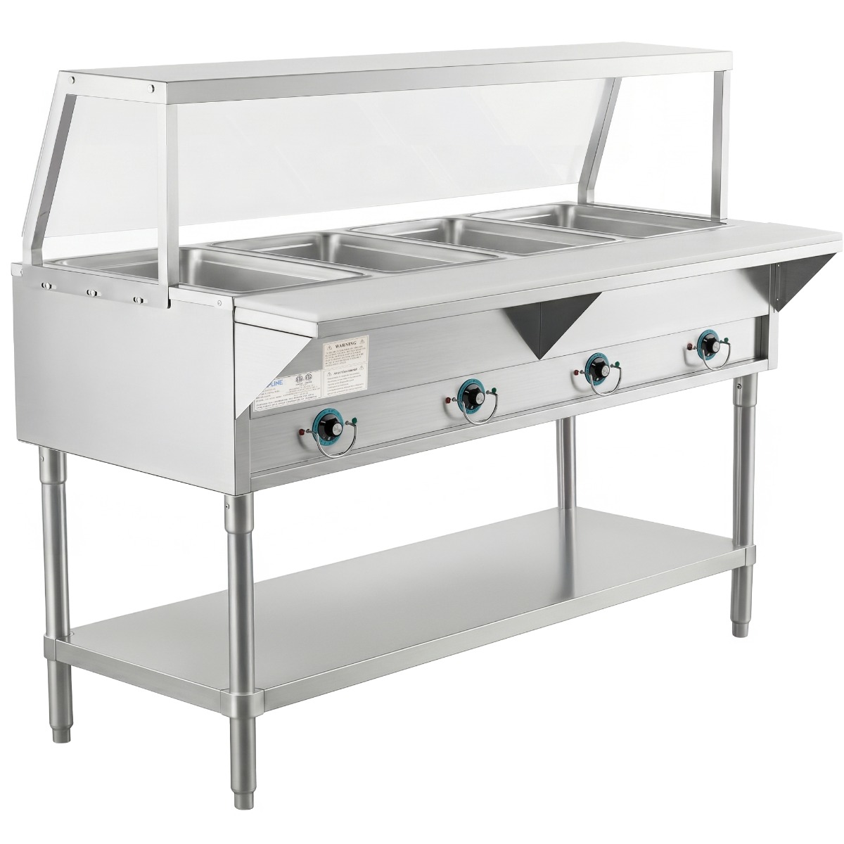 Prepline 60" Four Well Electric Hot Food Steam Table with Sneezed Guard and Undershelf - 110V