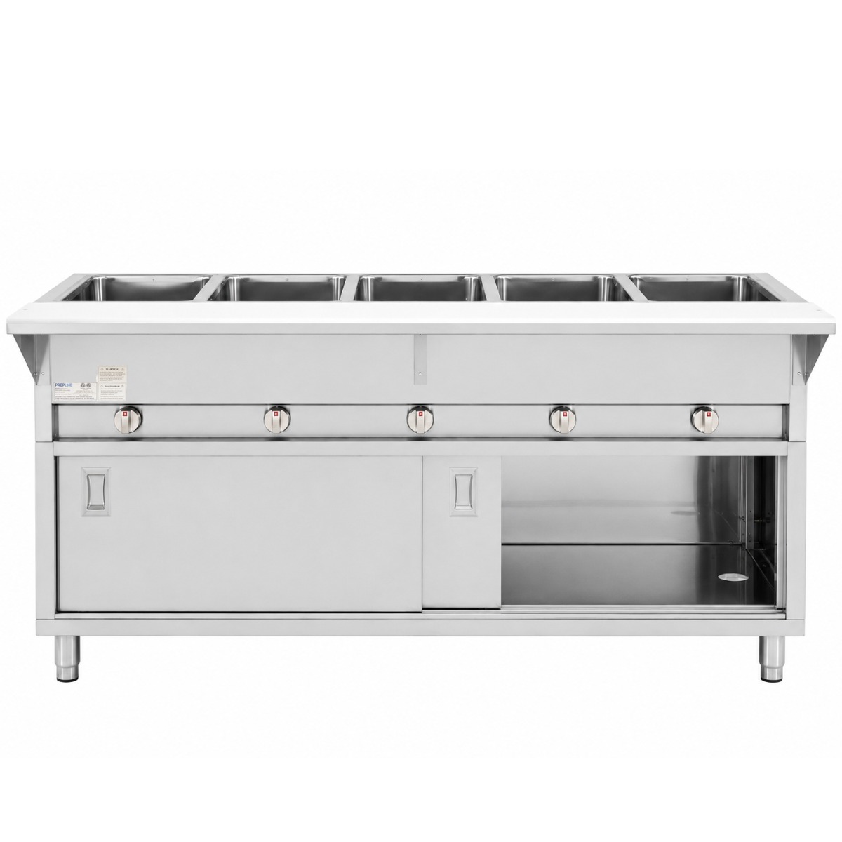 Prepline 74" Five Pan Sealed Well Gas Hot Food Steam Table with Enclosed Base and Sliding Doors