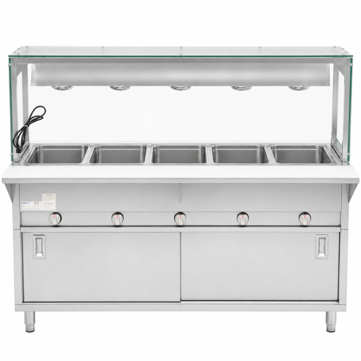 Prepline 74" Five Pan Sealed Well Gas Hot Food Steam Table with Lighted Sneeze Guard and Sliding Doors