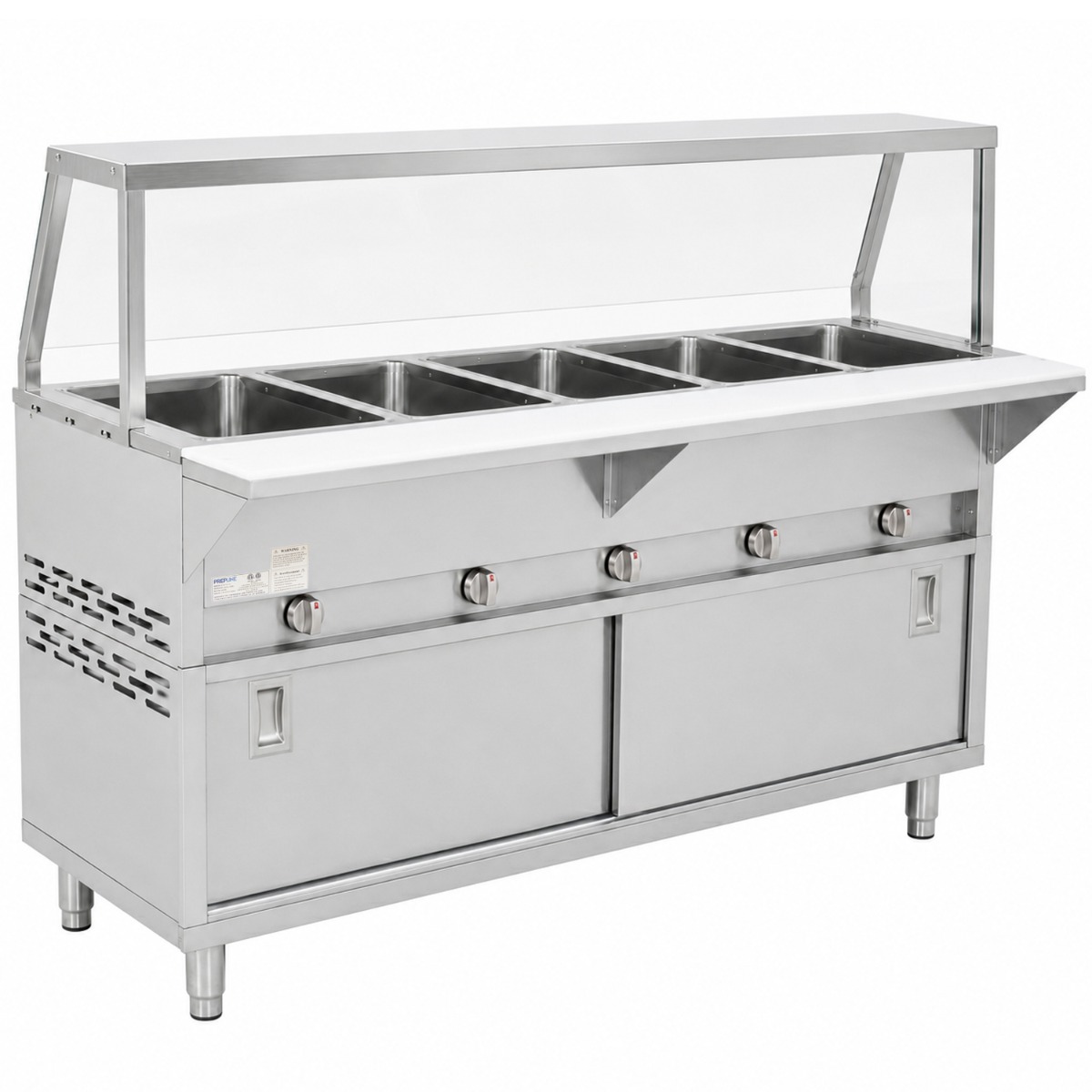 Prepline 74" Five Pan Sealed Well Gas Hot Food Steam Table with Sneeze Guard and Sliding Doors