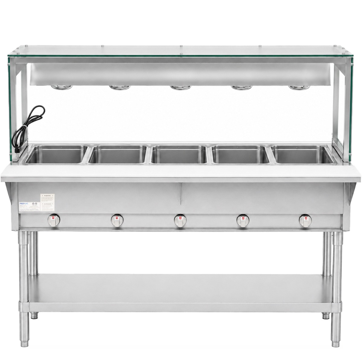Prepline 74" Five Well Gas Hot Food Steam Table with Lighted Sneeze Guard and Undershelf