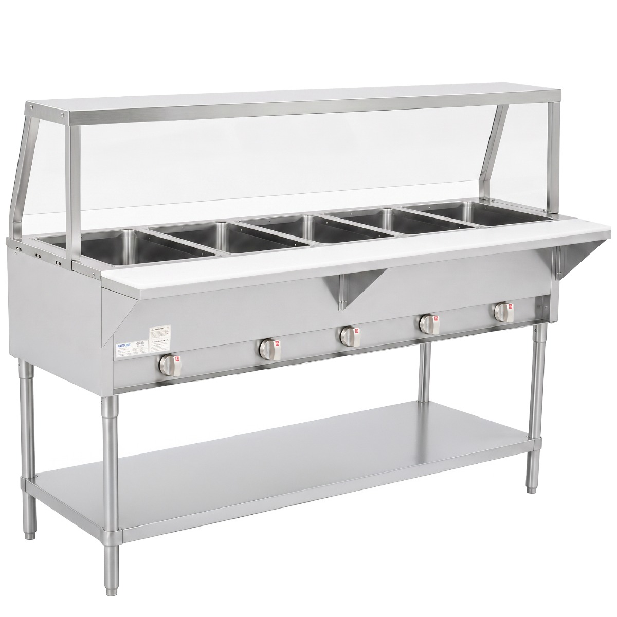 Prepline 74" Five Well Gas Hot Food Steam Table with Sneeze Guard and Undershelf