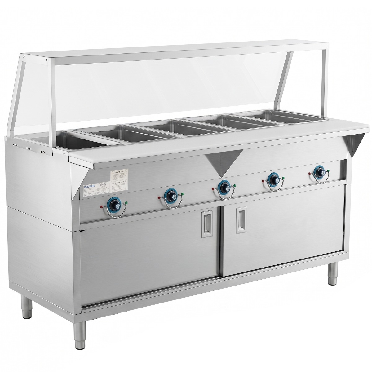 Prepline 74" Five Well Electric Hot Food Steam Table with Sneeze Guard and Enclosed Base - 208/240V, 3750W