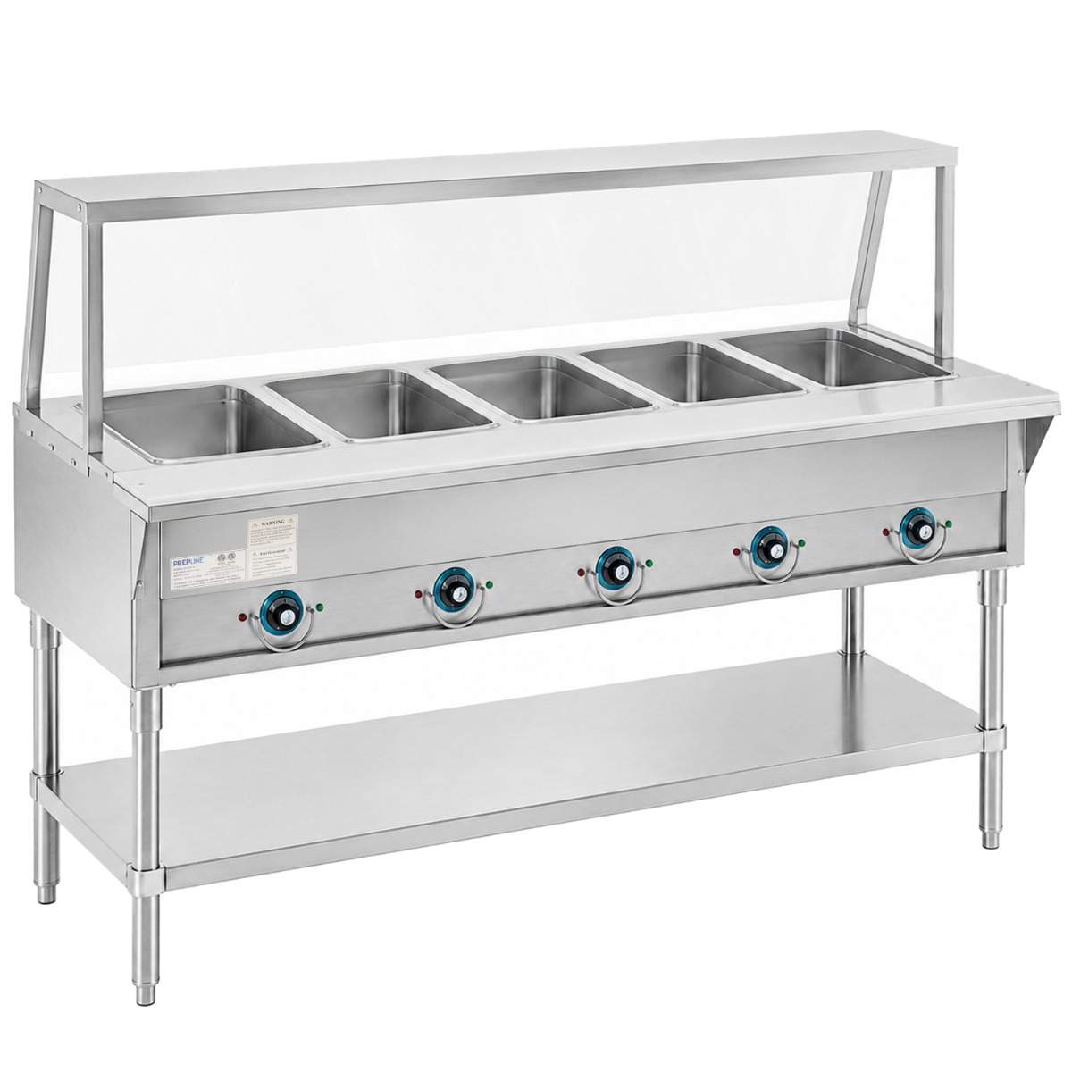 Prepline 74" Five Well Electric Hot Food Steam Table with Sneeze Guard and Undershelf - 208/240V, 3750W