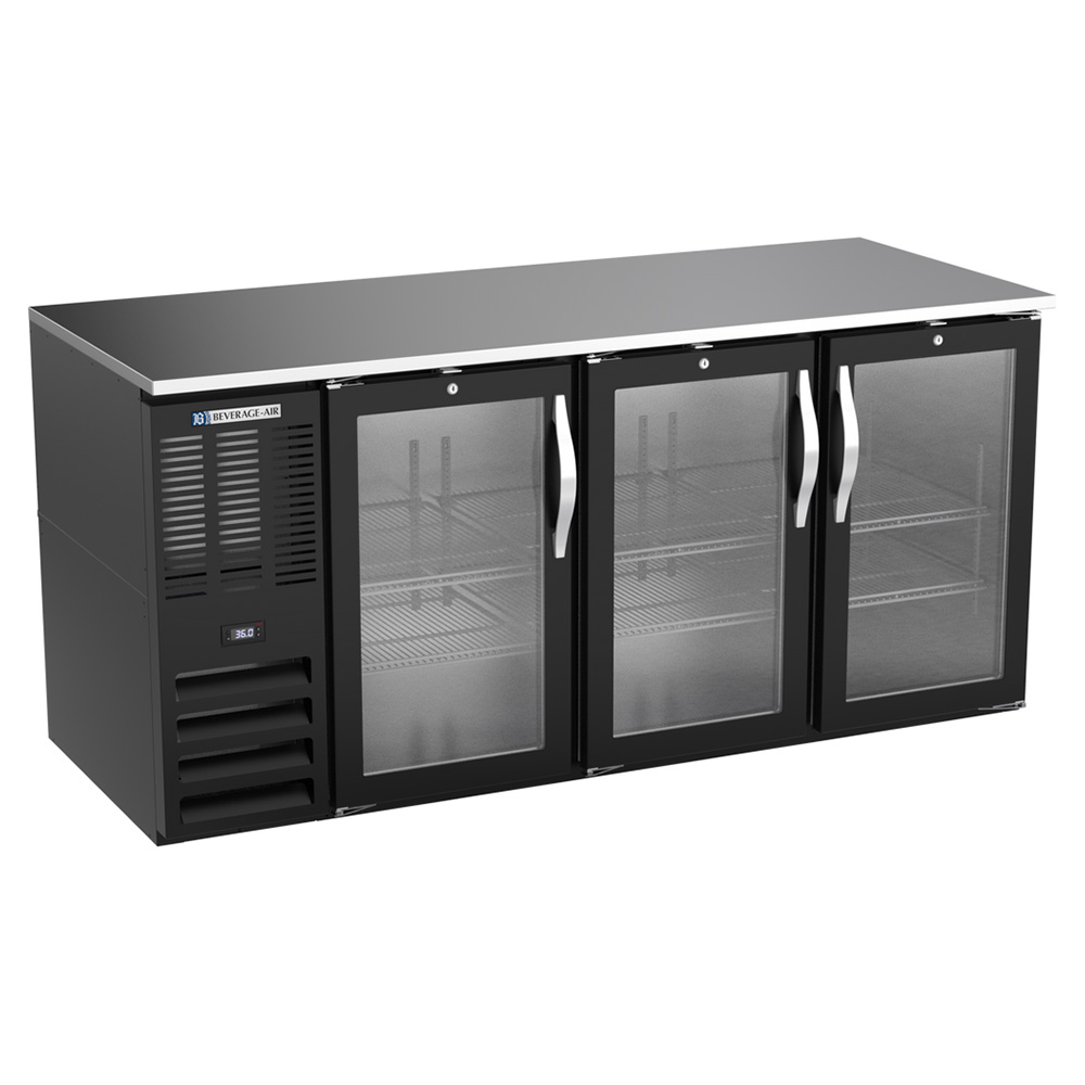 Beverage Air BB72HC-FG-B 72" Three Swinging Glass Doors Food Rated Back Bar Cooler, Black