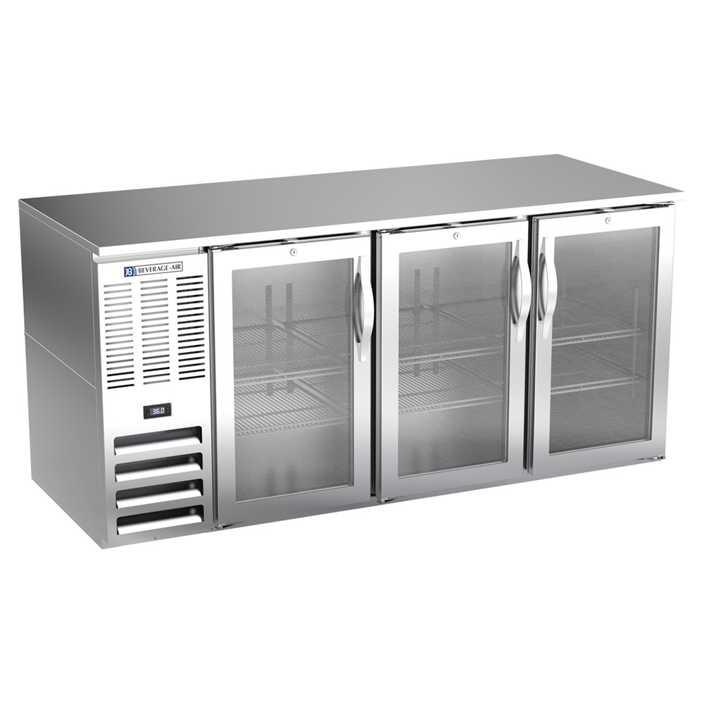 Beverage Air BB72HC-FG-S 72" Three Swinging Glass Doors Food Rated Back Bar Cooler, Stainless Steel