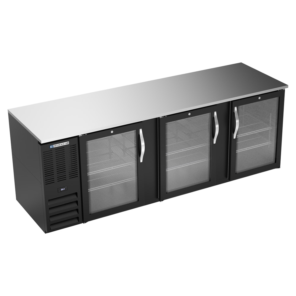 Beverage Air BB94HC-FG-B 94" Three Swinging Glass Doors Food Rated Back Bar Cooler, Black