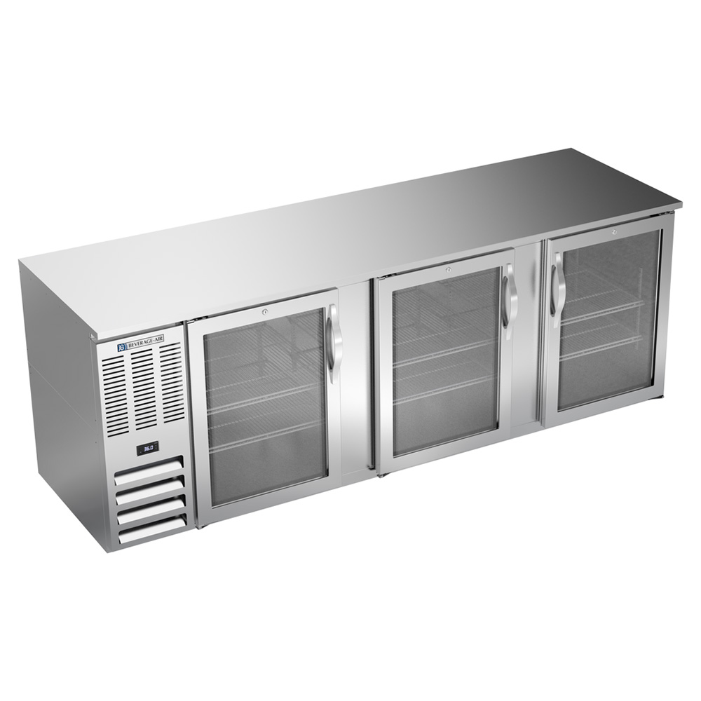 Beverage Air BB94HC-FG-S 94" Three Swinging Glass Doors Food Rated Back Bar Cooler, Stainless Steel