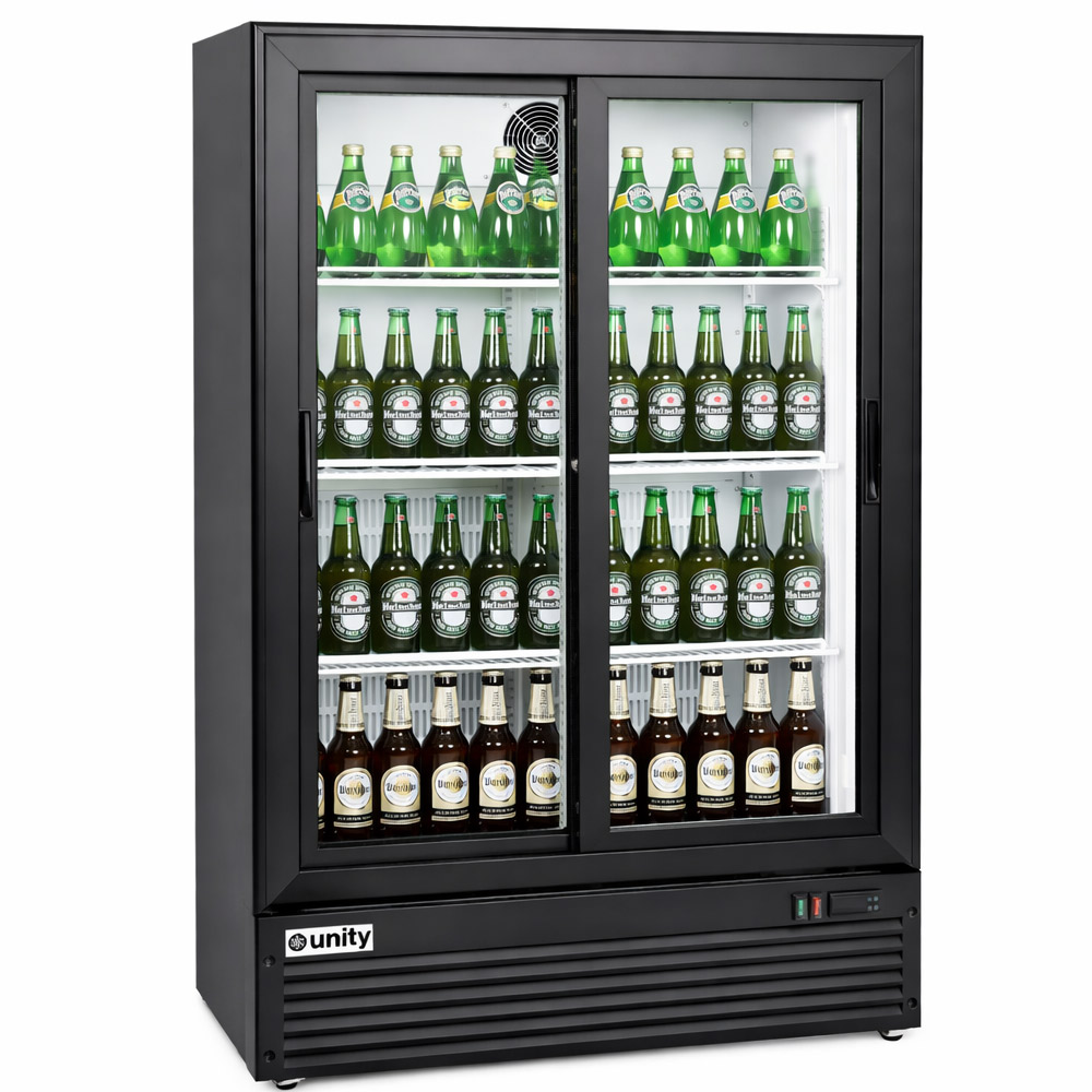 Unity BLU-36SB 36" Narrow Low Profile Two Sliding Glass Door Merchandiser Refrigerator with LED Lighting, Black