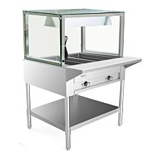 Prepline 32" Two Well Electric Hot Food Steam Table with Lighted Sneeze Guard and Undershelf - 120V