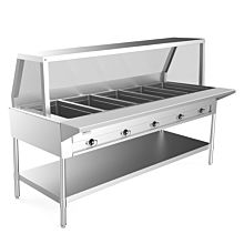 Prepline 74" Five Pan Open Well Electric Hot Food Steam Table with Sneeze Guard and Undershelf - 208/240V, 3750W