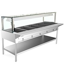 Prepline GST-5SW-LT 73.8" Five Pan Gas Hot Food Steam Table with Lighted Sneeze Guard Undershelf - Sealed Well