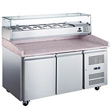 Coldline 60" Granite Top 2 Door Refrigerated Pizza Prep Table and Countertop Salad Bar, Glass Topping Rail