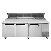 Turbo Air TPR-93SD-N 93" Super Deluxe Series Refrigerated Pizza Prep Table, 3 Door - (12) x 1/6 Pans