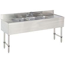 60" Stainless Steel Three Compartment Bar Sink,  Left and Right Side Drainboard