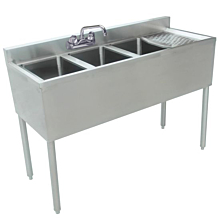 Prepline Stainless Steel 3 Bowl Underbar Hand Sink with Right Drainboard - 48" x 18"