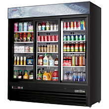 Everest EMGR69B 73" Black Three Section Sliding Glass Door Bottom Mounted Merchandisers Refrigerator, 69 Cu. Ft.