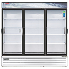 Everest EMSGR69C 73" White Three Section Swing Glass Door Bottom Mounted Merchandisers Refrigerator, 71 Cu. Ft.