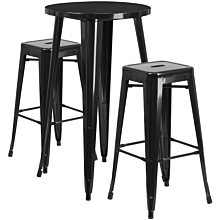 Flash Furniture CH-51080BH-2-30SQST-BK-GG 24RD 24" Round Black Metal Indoor-Outdoor Bar Table Set with 2 Square Seat Backless Stools,