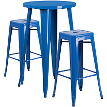 Flash Furniture CH-51080BH-2-30SQST-BL-GG 24" Round Blue Metal Indoor-Outdoor Bar Table Set with 2 Square Seat Backless Stools,