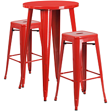 Flash Furniture CH-51080BH-2-30SQST-RED-GG 24" Round Red Metal Indoor-Outdoor Bar Table Set with 2 Square Seat Backless Stools,