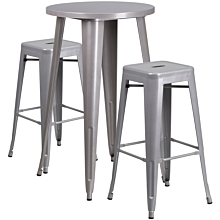 Flash Furniture CH-51080BH-2-30SQST-SIL-GG 24" Round Silver Metal Indoor-Outdoor Bar Table Set with 2 Square Seat Backless Stools,