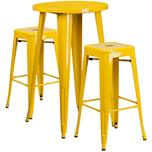Flash Furniture CH-51080BH-2-30SQST-YL-GG 24" Round Yellow Metal Indoor-Outdoor Bar Table Set with 2 Square Seat Backless Stools,