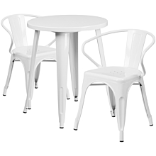 Flash Furniture CH-51080TH-2-18ARM-WH-GG 24" Round White Metal Indoor-Outdoor Table Set with 2 Arm Chairs,