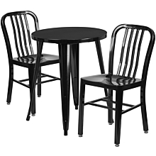 Flash Furniture CH-51080TH-2-18VRT-BK-GG 24" Round Black Metal Indoor-Outdoor Table Set with 2 Vertical Slat Back Chairs,