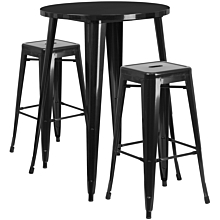 Flash Furniture CH-51090BH-2-30SQST-BK-GG 30" Round Black Metal Indoor-Outdoor Bar Table Set with 2 Square Seat Backless Stools,