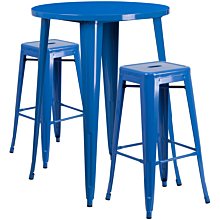 Flash Furniture CH-51090BH-2-30SQST-BL-GG 30" Round Blue Metal Indoor-Outdoor Bar Table Set with 2 Square Seat Backless Stools,
