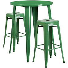 Flash Furniture CH-51090BH-2-30SQST-GN-GG 30" Round Green Metal Indoor-Outdoor Bar Table Set with 2 Square Seat Backless Stools,