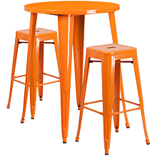Flash Furniture CH-51090BH-2-30SQST-OR-GG 30" Round Orange Metal Indoor-Outdoor Bar Table Set with 2 Square Seat Backless Stools,