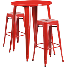 Flash Furniture CH-51090BH-2-30SQST-RED-GG 30" Round Red Metal Indoor-Outdoor Bar Table Set with 2 Square Seat Backless Stools,