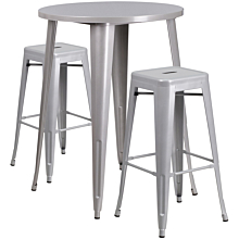 Flash Furniture CH-51090BH-2-30SQST-SIL-GG 30" Round Silver Metal Indoor-Outdoor Bar Table Set with 2 Square Seat Backless Stools,