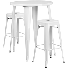 Flash Furniture CH-51090BH-2-30SQST-WH-GG 30" Round White Metal Indoor-Outdoor Bar Table Set with 2 Square Seat Backless Stools,