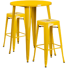 Flash Furniture CH-51090BH-2-30SQST-YL-GG 30" Round Yellow Metal Indoor-Outdoor Bar Table Set with 2 Square Seat Backless Stools,