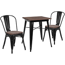 Flash Furniture CH-WD-TBCH-15-GG 23.5" Square Black Metal Table Set with Wood Top and 2 Stack Chairs