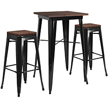 Flash Furniture CH-WD-TBCH-17-GG 23.5" Square Black Metal Bar Table Set with Wood Top and 2 Stools,