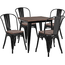 Flash Furniture CH-WD-TBCH-18-GG 31.5" Square Black Metal Table Set with Wood Top and 4 Stack Chairs