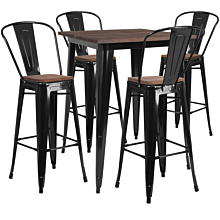 Flash Furniture CH-WD-TBCH-19-GG 31.5" Square Black Metal Bar Table Set with Wood Top and 4 Stools