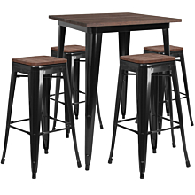 Flash Furniture CH-WD-TBCH-20-GG 31.5" Square Black Metal Bar Table Set with Wood Top and 4 Backless Stools