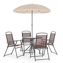 Flash Furniture GM-202012-BRN-GG 6 Piece Brown Patio Garden Set with Umbrella Table and Set of 4 Folding Chairs,