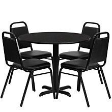 Flash Furniture HDBF1001-GG 36" Round Black Laminate Table Set with X-Base and 4 Black Trapezoidal Back Banquet Chairs,,