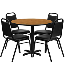 Flash Furniture HDBF1003-GG 36" Round Natural Laminate Table Set with X-Base and 4 Black Trapezoidal Back Banquet Chairs,