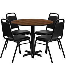 Flash Furniture HDBF1004-GG 36" Round Walnut Laminate Table Set with X-Base and 4 Black Trapezoidal Back Banquet Chairs,,