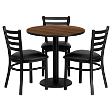 Flash Furniture MD-0002-GG 30" Round Walnut Laminate Table Set with 3 Ladder Back Metal Chairs - Black Vinyl Seat,