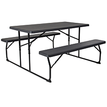 Flash Furniture RB-EBB-1470FD-GG Insta-Fold Charcoal Wood Grain Folding Picnic Table and Benches - 4.5 Foot Folding Table,