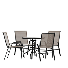 Flash Furniture TLH-0702303C-BN-GG 5 Piece Outdoor Patio Dining Set - 31.5" Round Tempered Glass Patio Table, 4 Brown Flex Comfort Stack Chairs,