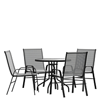 Flash Furniture TLH-0702303C-GY-GG 5 Piece Outdoor Patio Dining Set - 31.5" Round Tempered Glass Patio Table, 4 Gray Flex Comfort Stack Chairs,